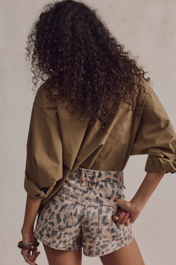Free People Now Or Never Printed Denim Shorts in Brown Sugar Combo