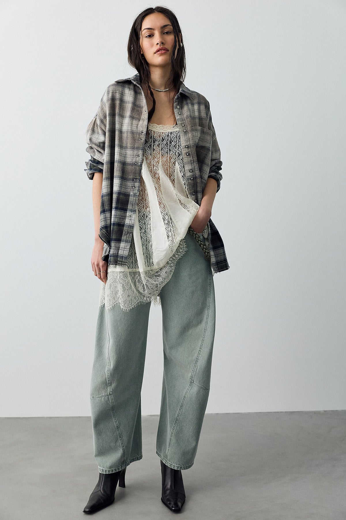 Free People Lexi Plaid Shirt in Forest Green Combo