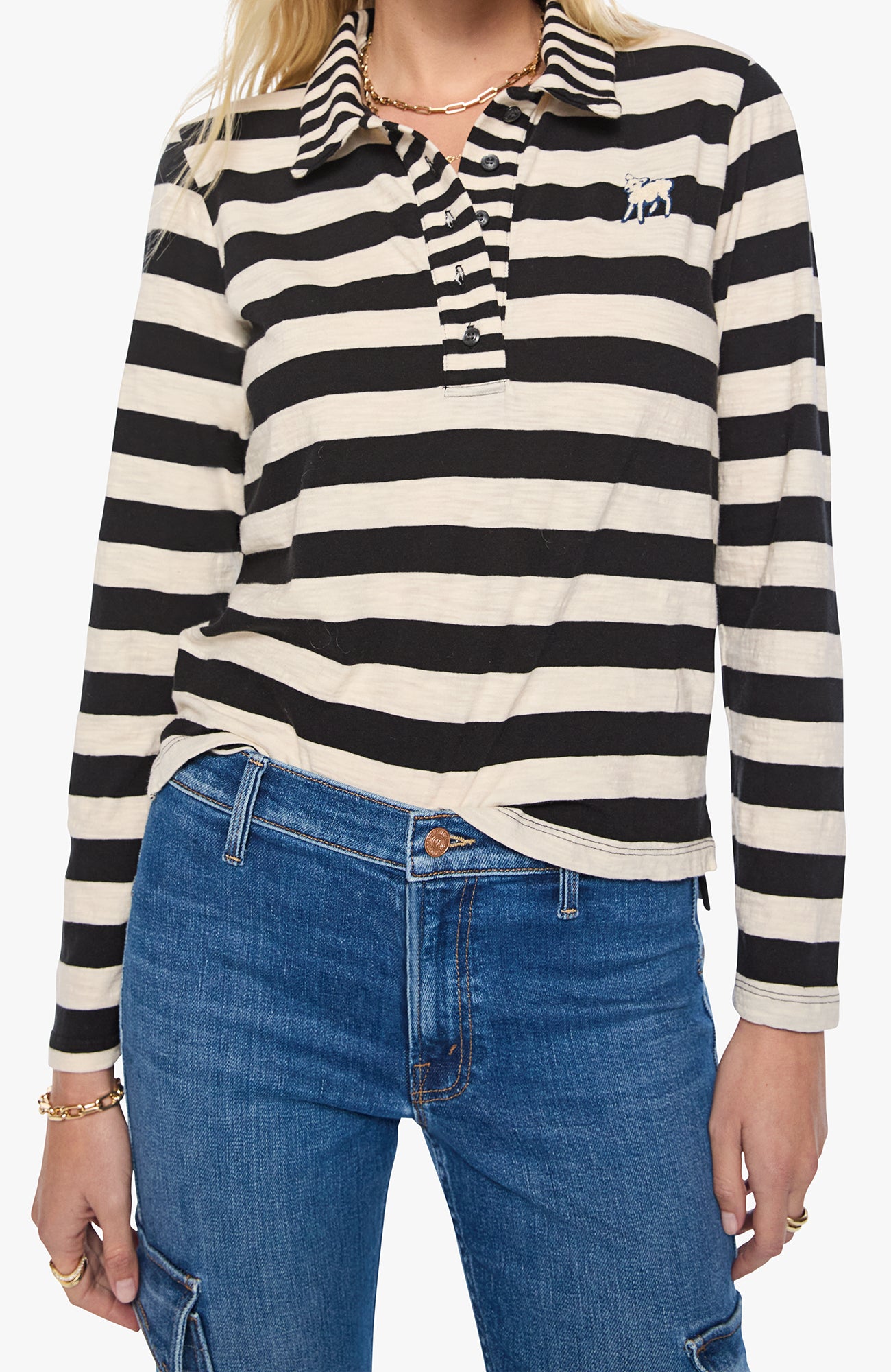 Mother The LS Close Cut Huddle Tee in Black and Cream