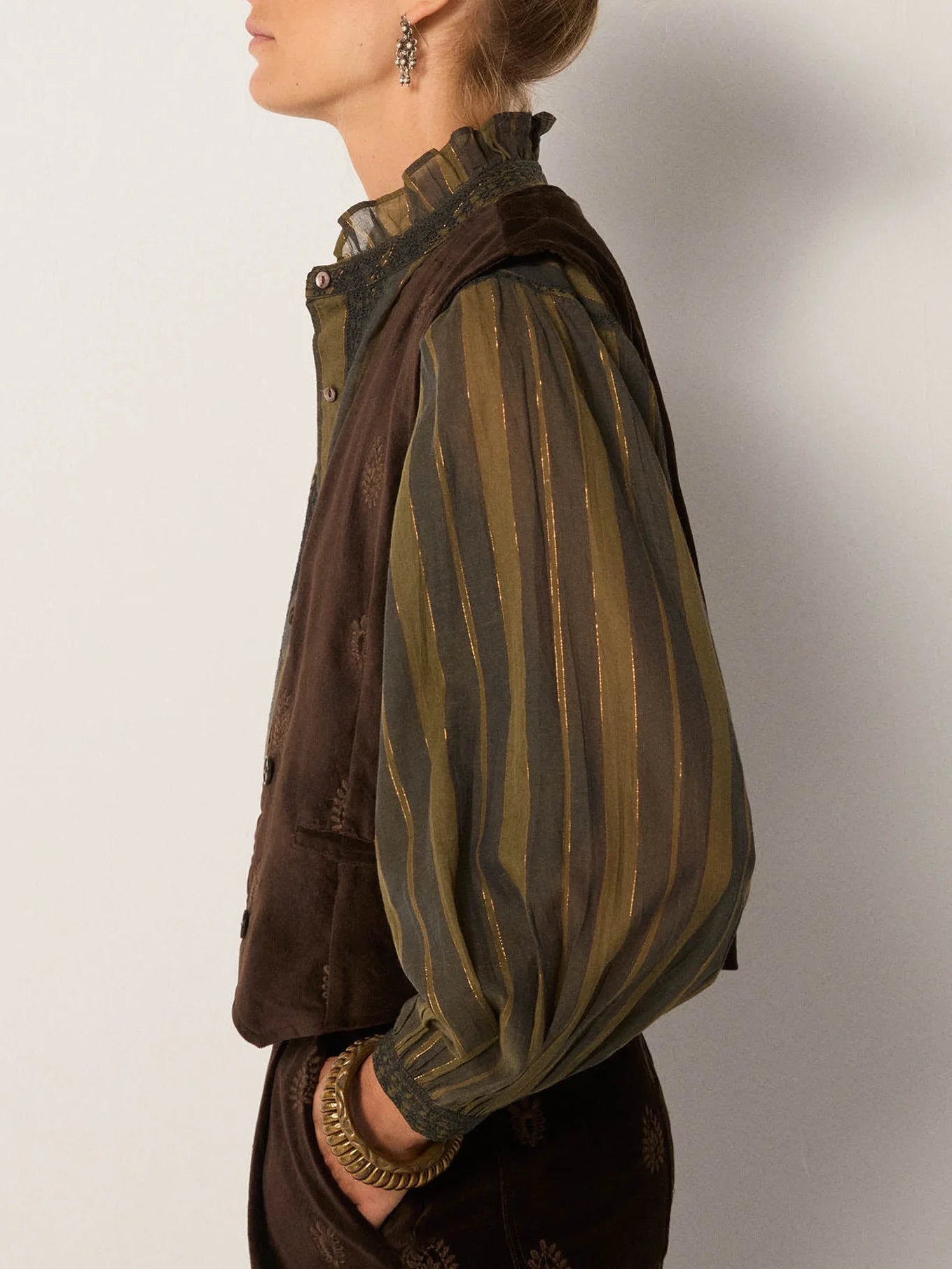Maison Hotel Anika Blouse in Khaki Stripes