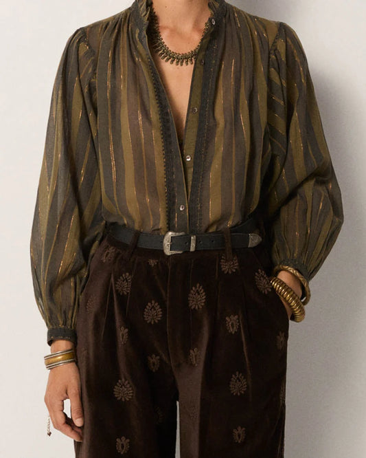 Maison Hotel Anika Blouse in Khaki Stripes