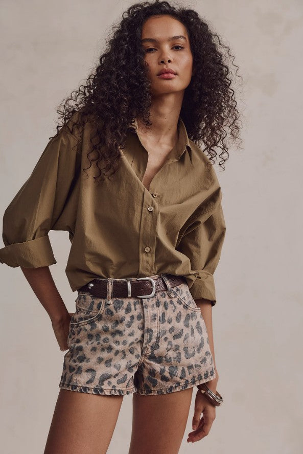 Free People Now Or Never Printed Denim Shorts in Brown Sugar Combo