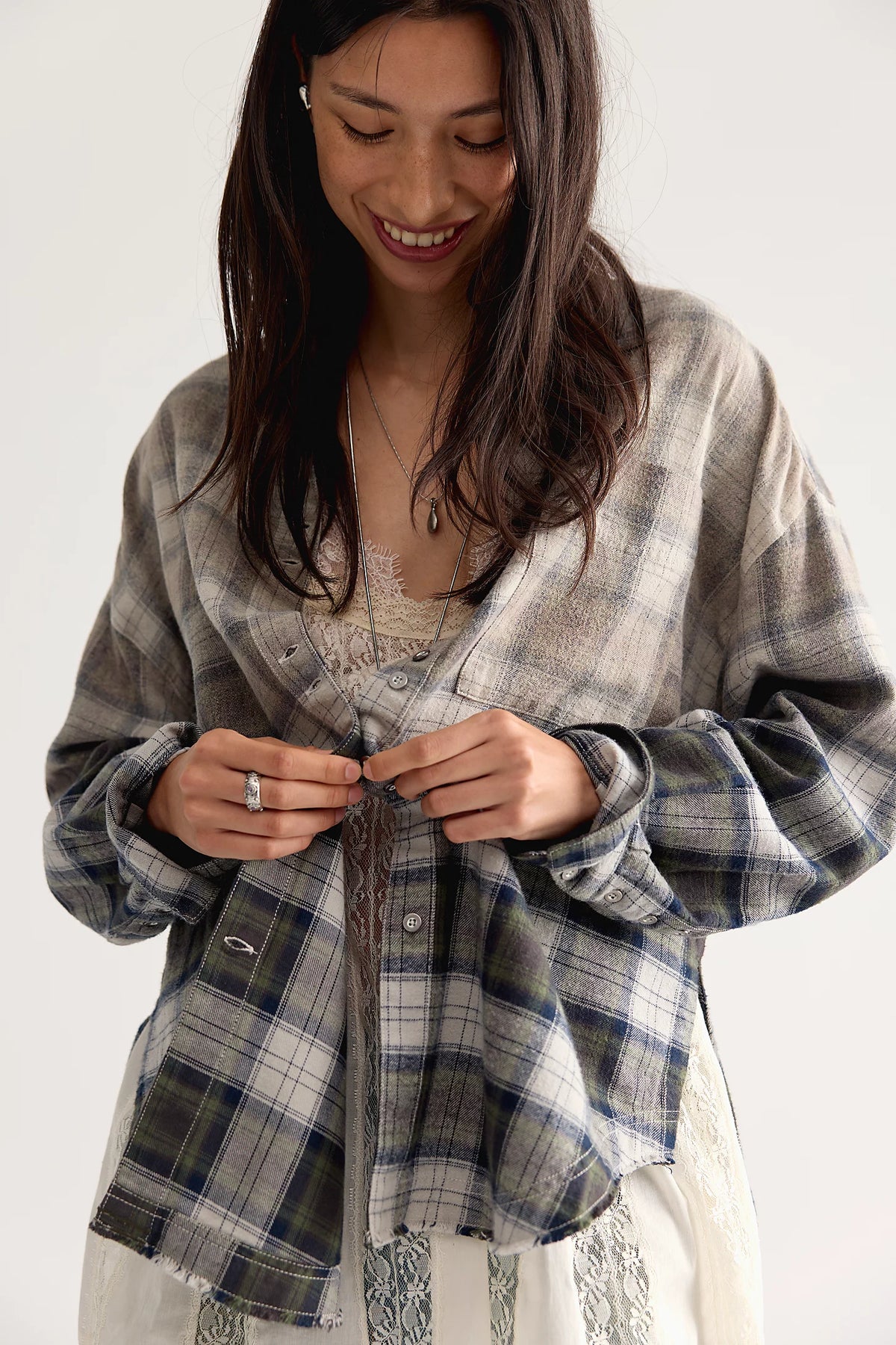 Free People Lexi Plaid Shirt in Forest Green Combo