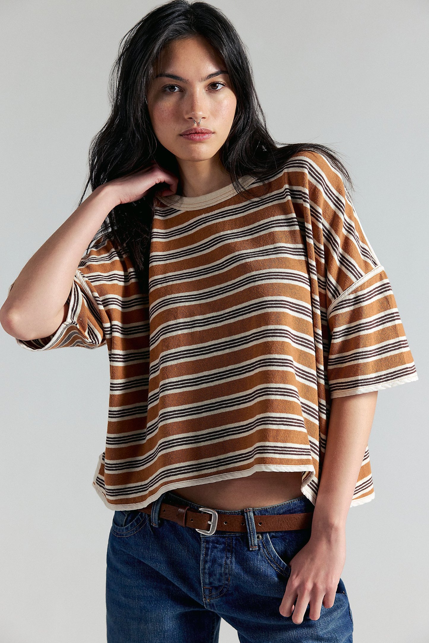 Free People Clean Rugby Tee in Almond Combo