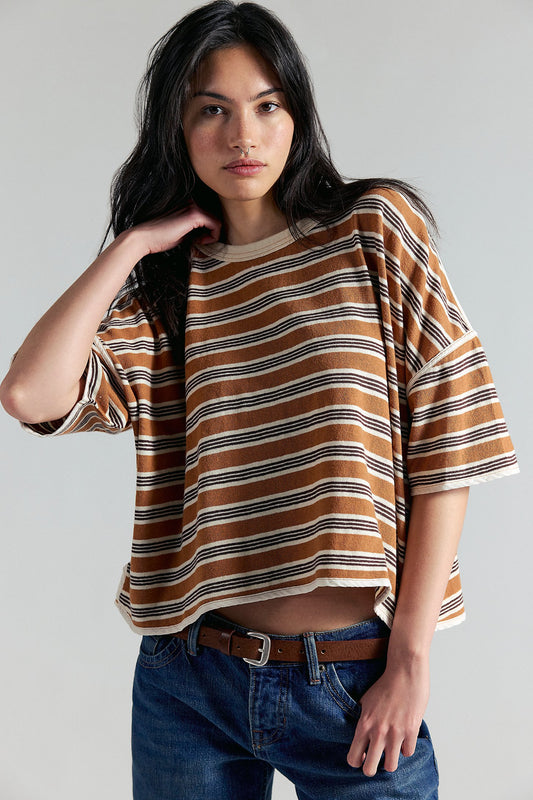 Free People Clean Rugby Tee in Almond Combo