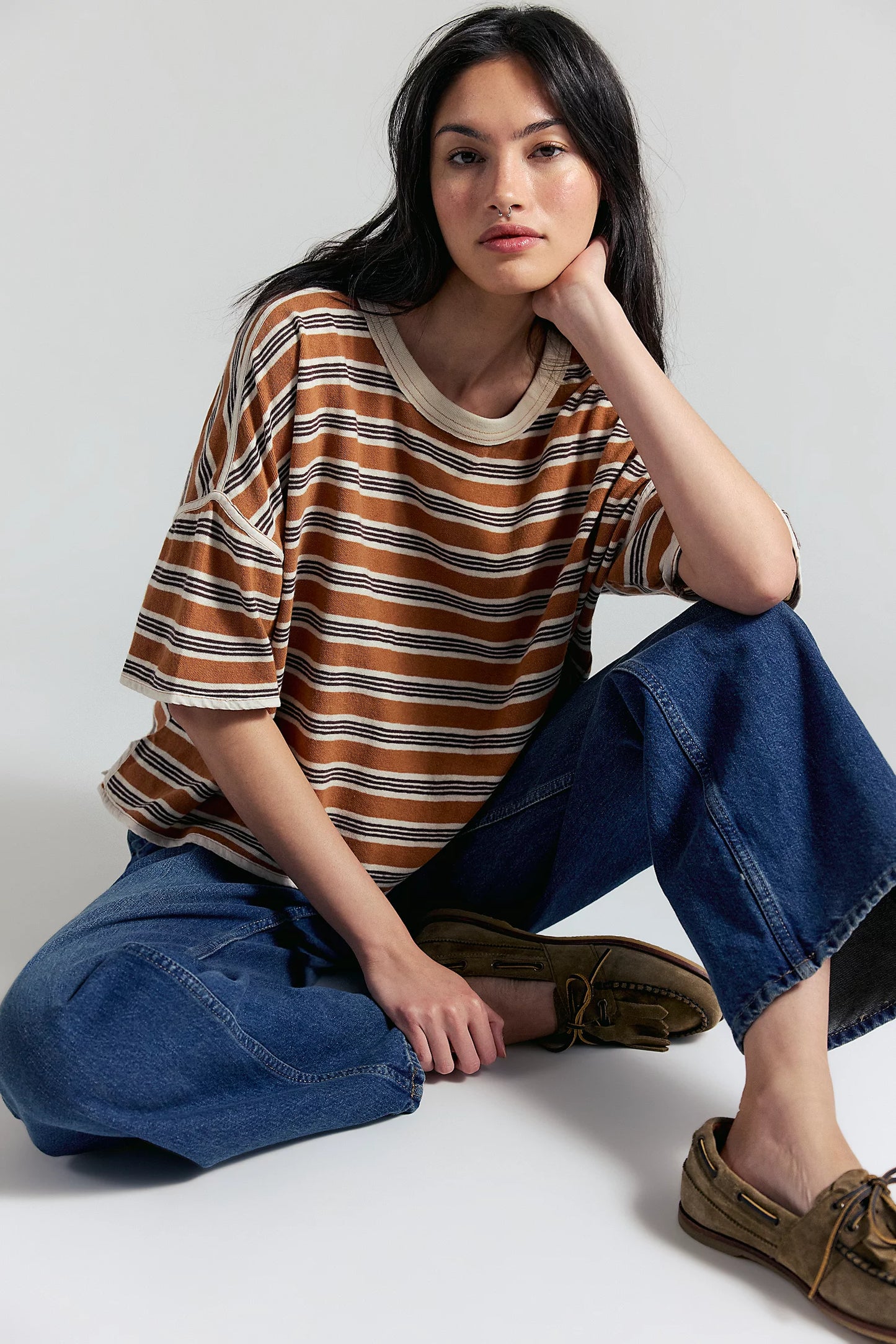 Free People Clean Rugby Tee in Almond Combo