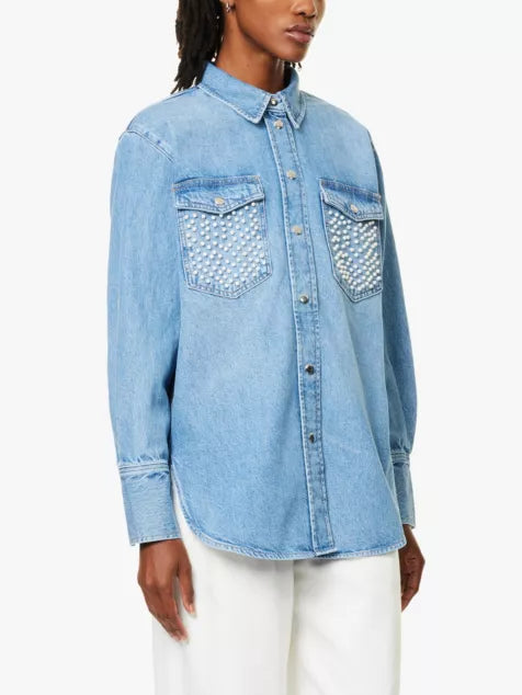 Frame Oversized Pearl Studded Shirt Daylight Pearl